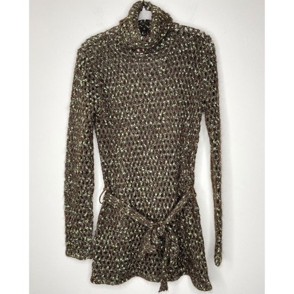 Free People Y2K Crochet Sweater (Sz S/M) Vtg Open Mohair Turtleneck Brown Tunic - Picture 2 of 9